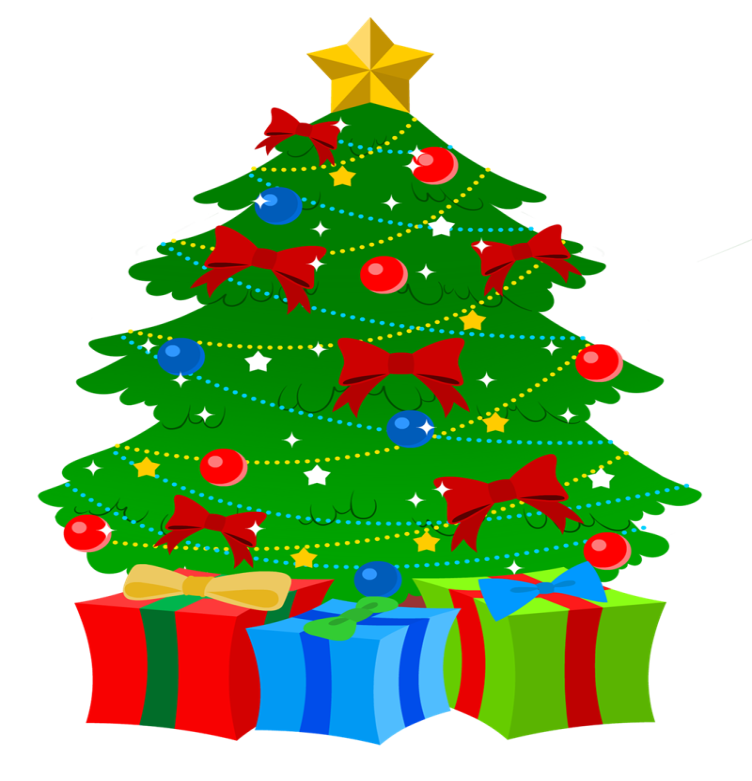Dessin représentant un sapin de Noël entièrement décoré avec des cadeaux à son pieds
