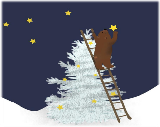 Un ours brun ajoute une étoile en haut d'un arbre de Noël dans un décor hivernal